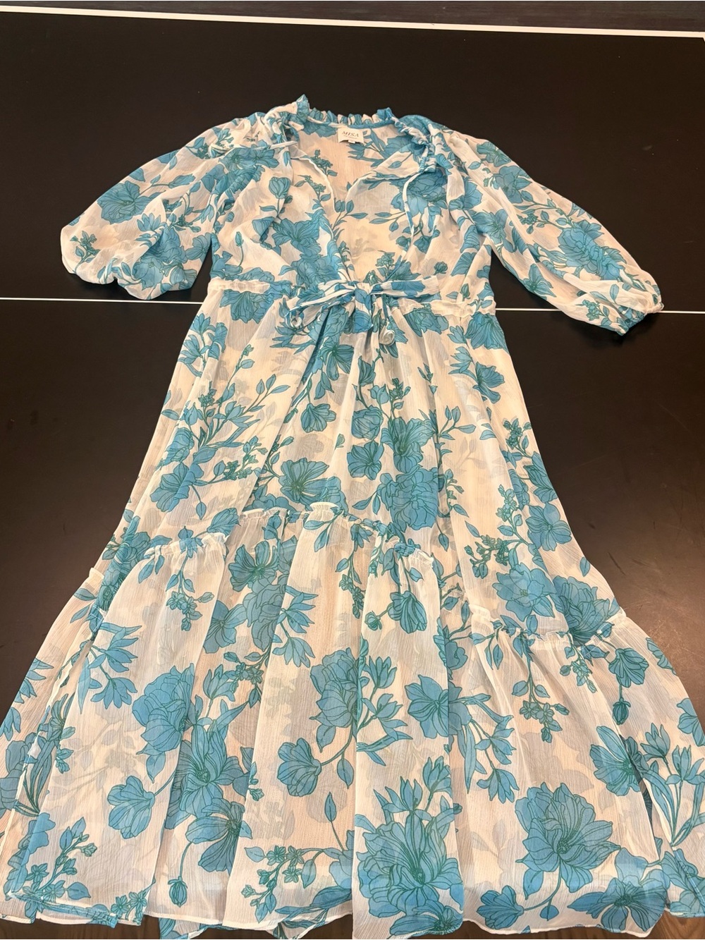 MISA Light Blue Floral Tie-Waist MIDI Dress